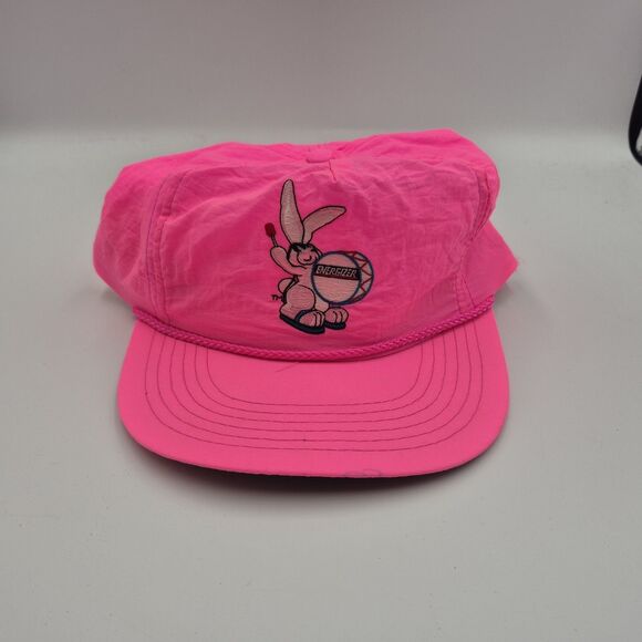 VINTAGE Energizer Hat Cap Snap Back Pink Bunny Battery Neon Commercial Mens 90s - Picture 1 of 5